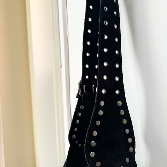 New Free People Sage Suede Bucket Tote Bag Black with Grommets - Picture 6 of 7